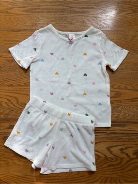 Girls 10 12 Short Sleeved Summer Waffle Knit Pjs Pajamas hearts